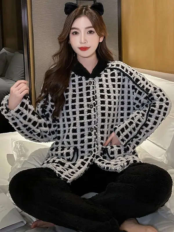 Thickened Coral Fleece Pyjamas Set for Girls Autumn Winter Home Clothes Long Sleeve V-Neck Button Front Black Plaid Flannel P...