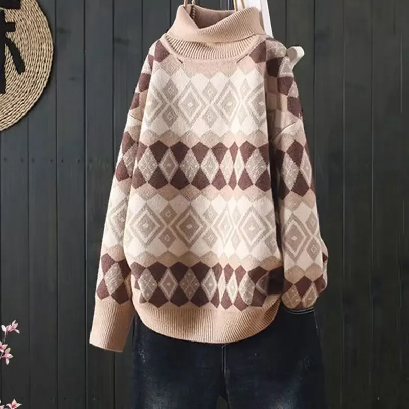 

Осень-зима, новый свободный женский свитер с воротником в этническом стиле, универсальный вязаный свитер со свободной нижней рубашкой