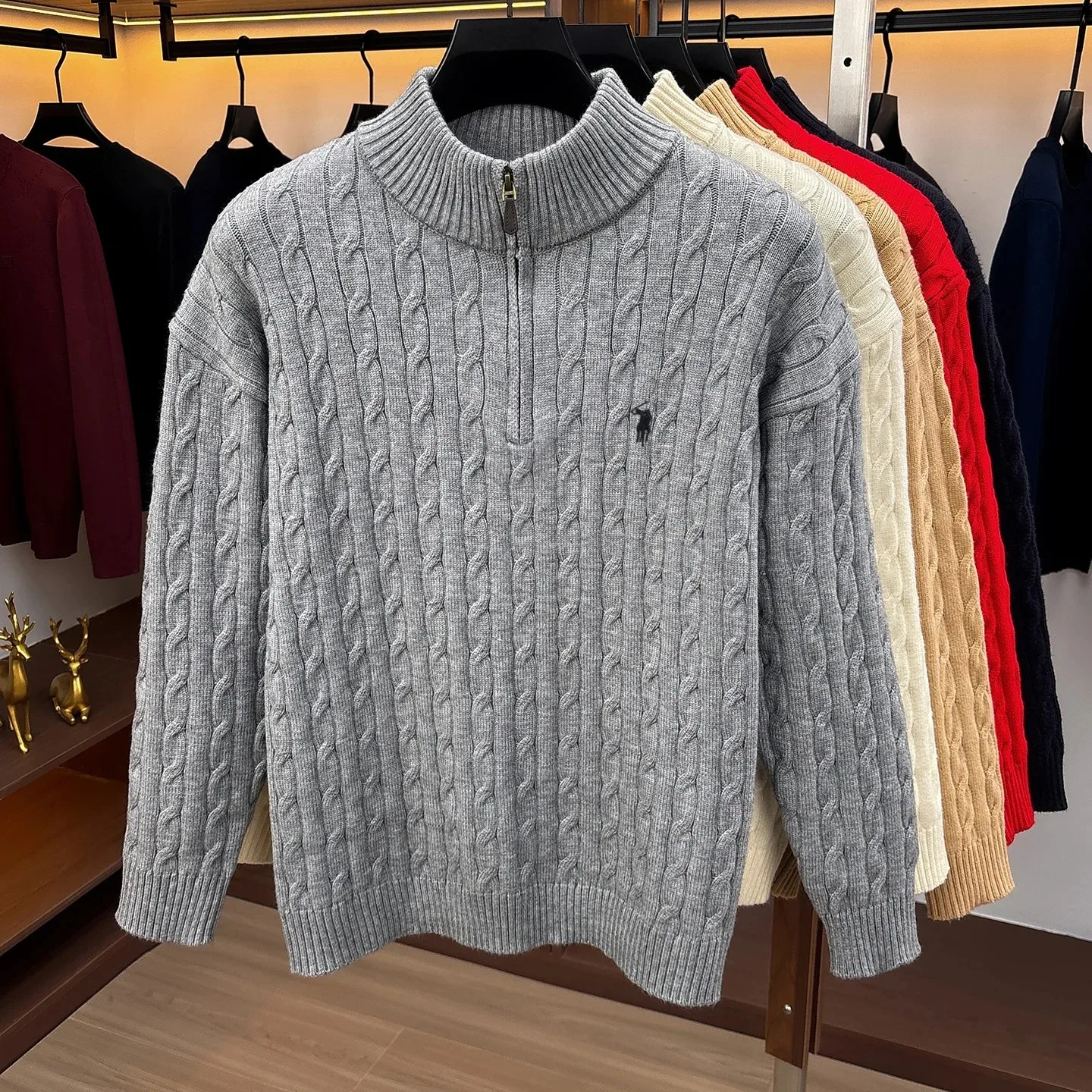 Mode Halb-Reißverschluss Pullover Herren Herbst Winter Wärme neue schöne Zipper Design Luxusmarke Golf Pony Stickerei Stricken Sweater – Detail 16