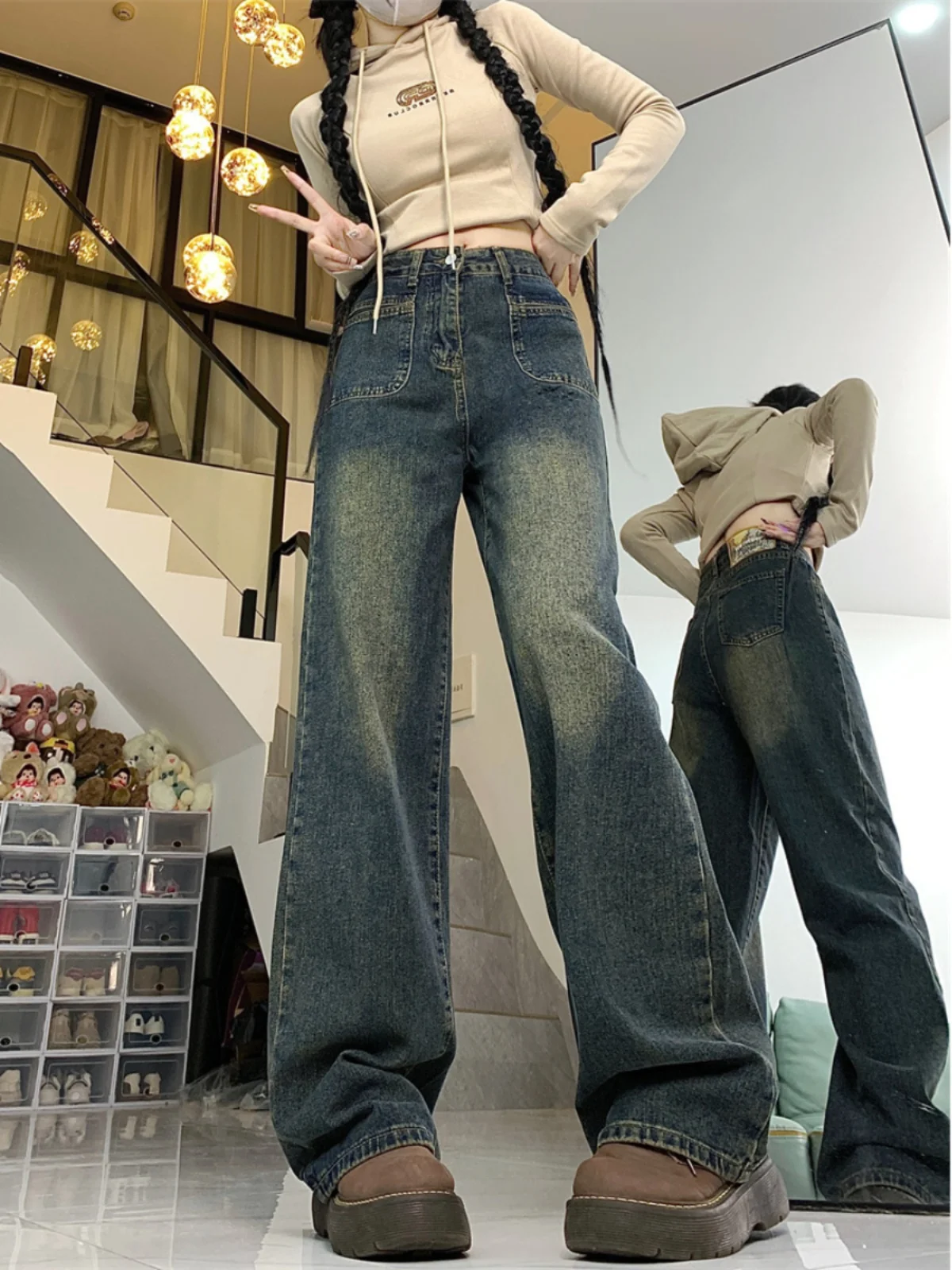 ハイウエストワイドレッグセメントデニムジーンズレディースアメリカンスタイルプラスサイズゆったりスリムストレートカットパンツ