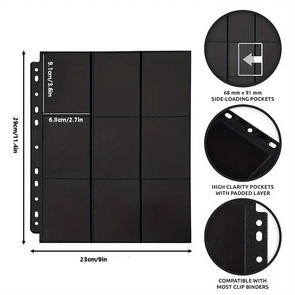 10Pack Black 9-Pocket A4 Trading Card Binder Pages Storage Wallet - Double-Sided Side-Loading Pockets for 180 Game Card。 view 2