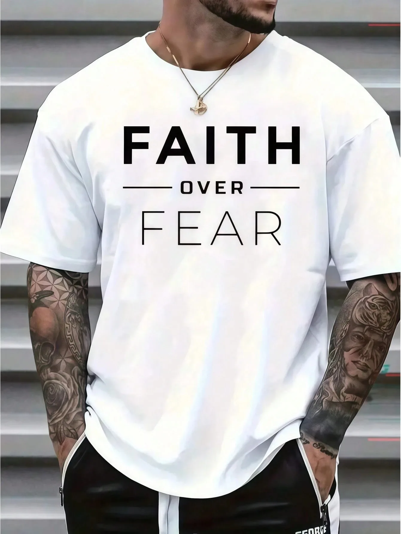2026 New FAITH OVER FEAR Family Matching Oversized Unisex T Shirt Faith Over Fear Text Chest Graphic Tee Streetwear Cotton Top