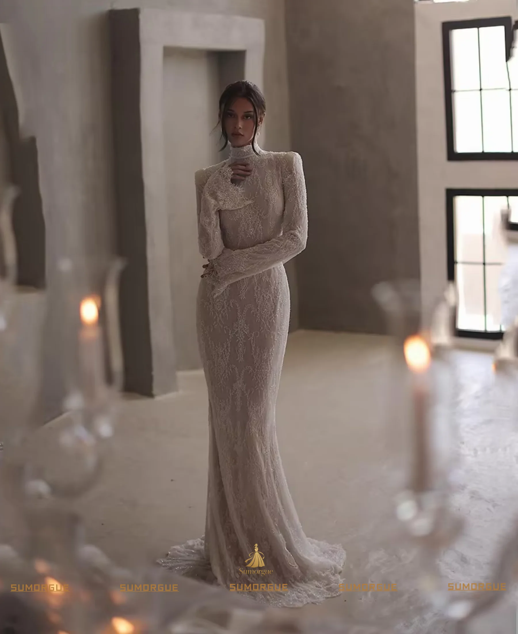 lvory Lace WeddingDress High Neck Full Sleeves Bridal Gowns Women Sweep Train Bride Dresses HIgh-end Customized Vestido de novia