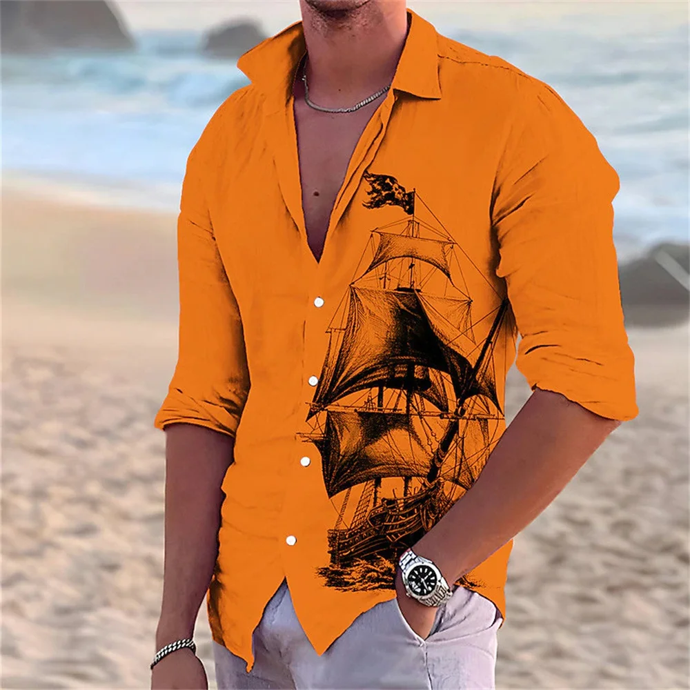 

2023 Sailing Pattern Printed Shirt High Quality Soft and Comfortable Fabric Men's Solid Beach Plus Size Long Sleeve Top