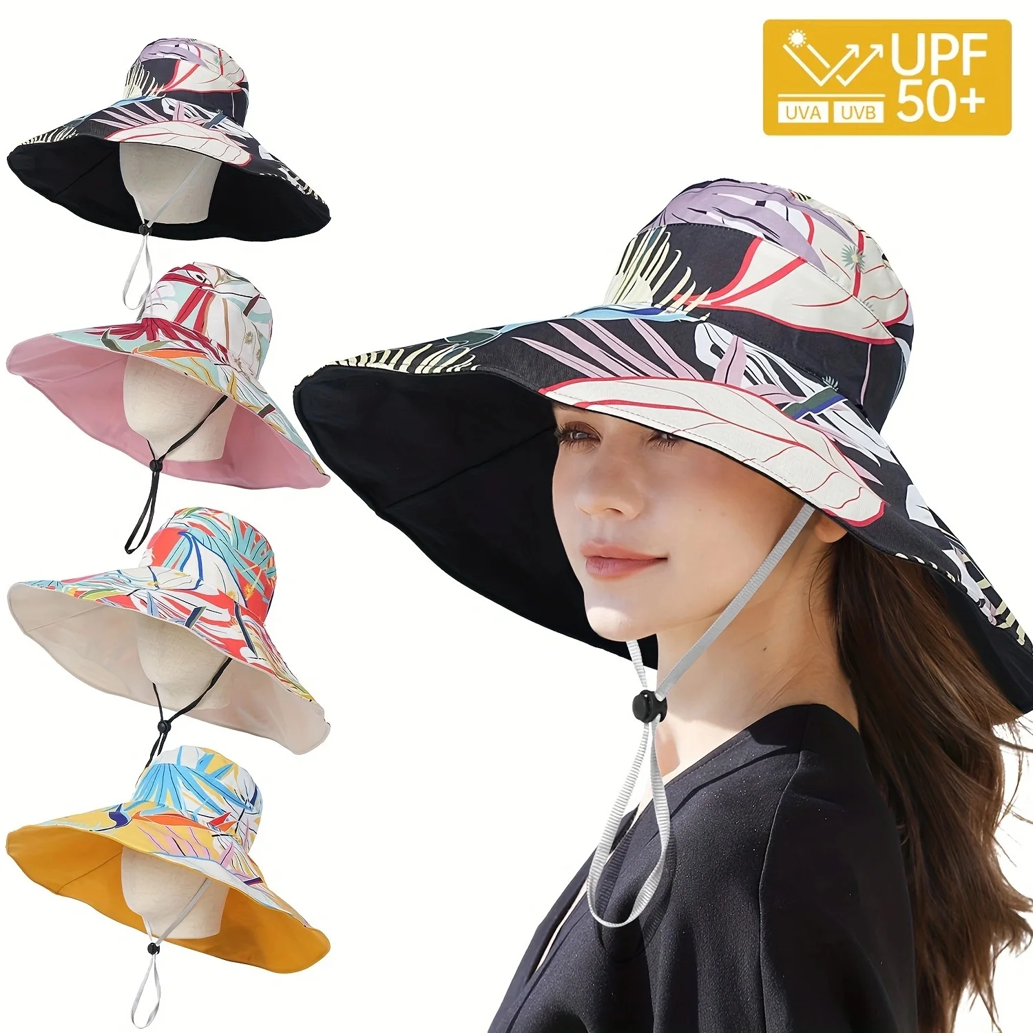 

Wide Brim Reversible Sun Hat, UPF 50+ UV Protection Floral Print Beach Hat, Adjustable Drawstring, Outdoor Summer Cap For Women