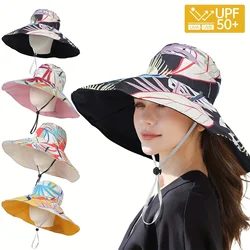 Wide Brim Reversible Sun Hat, UPF 50+ UV Protection Floral Print Beach Hat, Adjustable Drawstring, Outdoor Summer Cap For Women