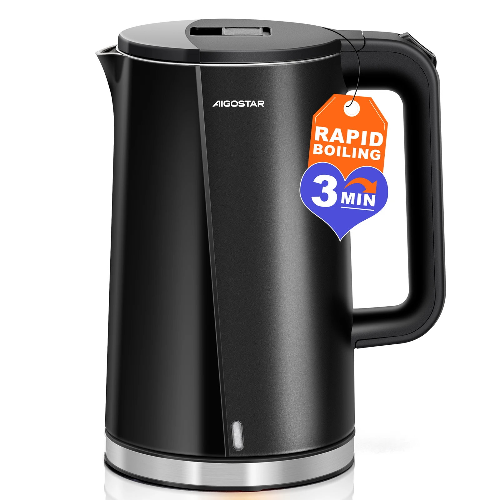 Aigostar Wasserkocher Edelstahl 1,7 Liter, 2200W, Doppelwand Design Elektrischer Wasserkocher, 360°-Sockel, Abschaltautomatik, im modernen Design, BPA frei, Schwarz