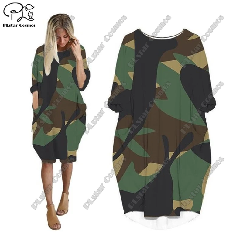 PLstar Cosmos 3D Print Women's Batwing Pocket Midi Dress Summer Casual Camouflage Style Harajuku Streetwear Collection 2