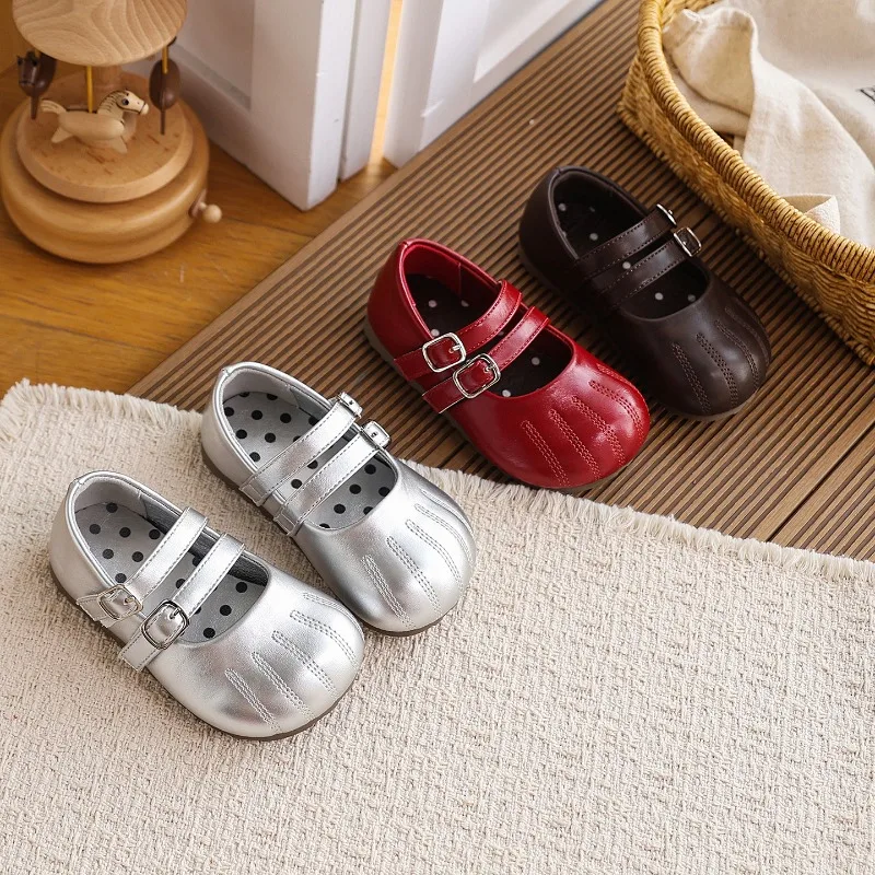 Girls Mary Jane Shoes Children Leather Shoes for Party Wedding Retro Style Kids Flats Princess Shoes Soft Sole Non‑Slip