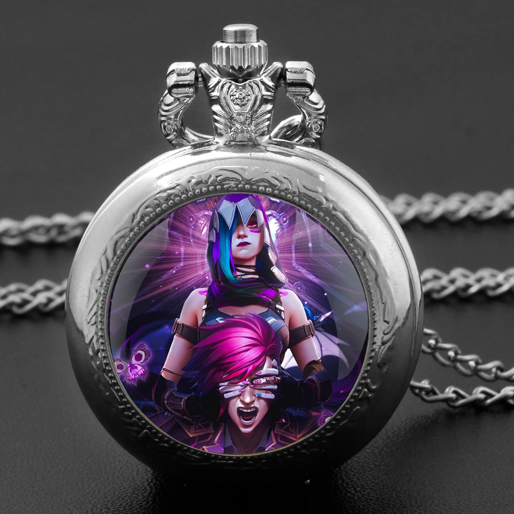 Fashion Silver Stainless Steel Arcane Jinx Design Glass Dome Quartz Pocket Watch Necklace Women Jewelry Pendant Chain