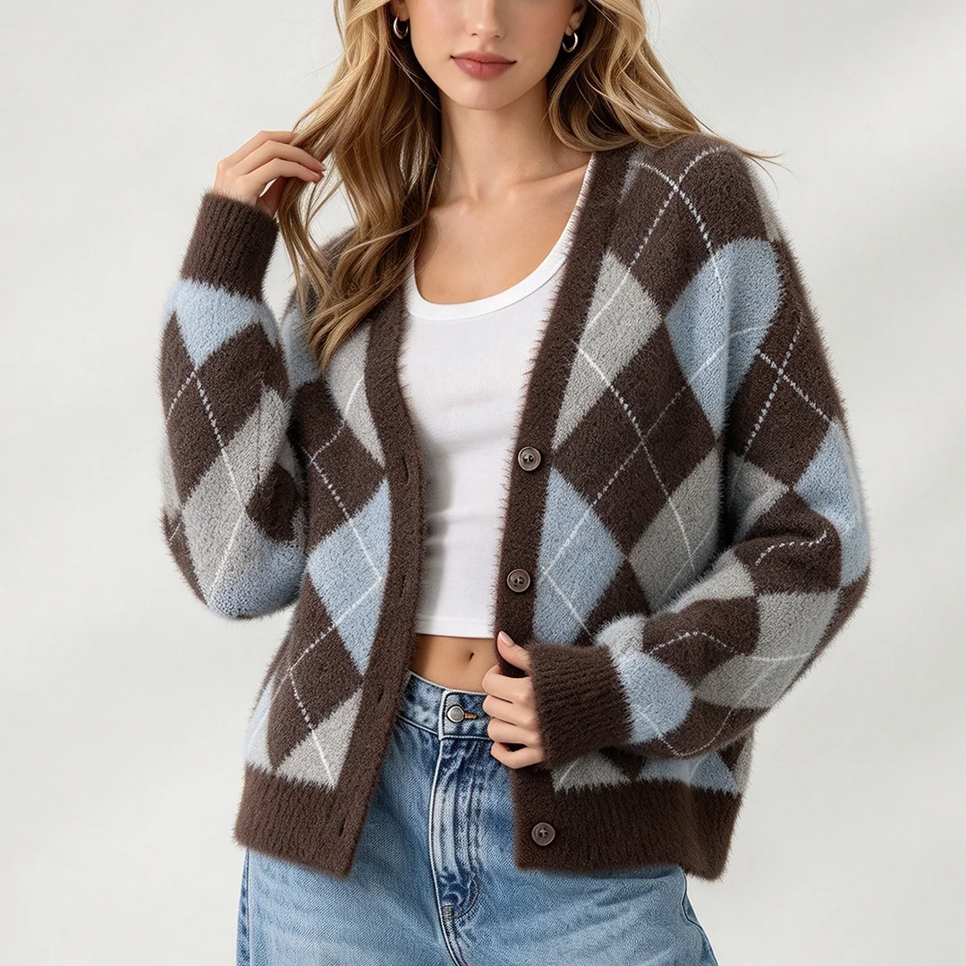 Women Fall Winter Knit Coat Argyle Pattern Fuzzy V Neck Cropped Cardigan Preppy Casual Outerwear