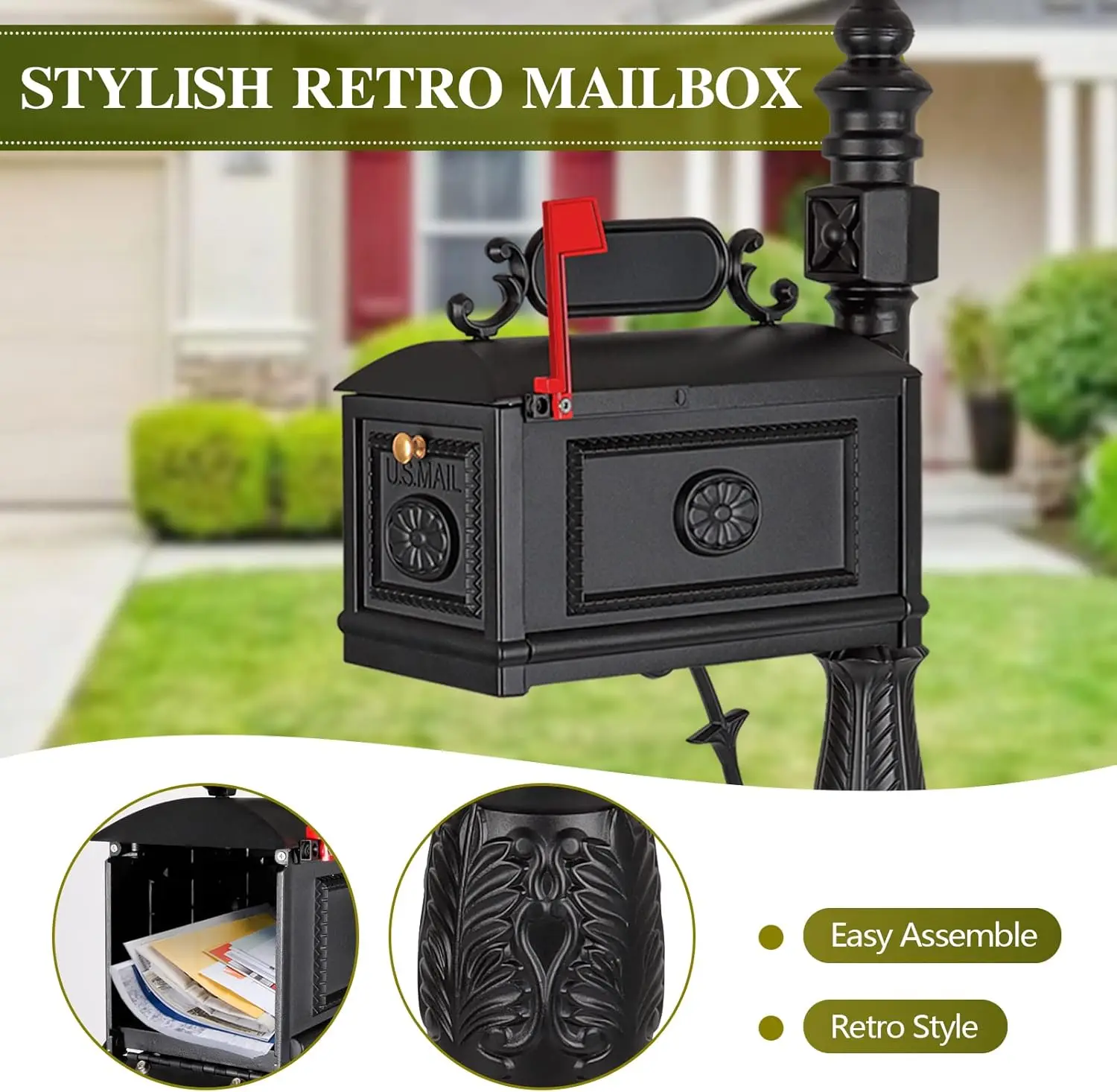 مجموعة صندوق بريد بريد مزخرف برشلونة من ستراتفورد صندوق بريد بريدي عالي التحمل من الألومنيوم المصبوب (أسود)