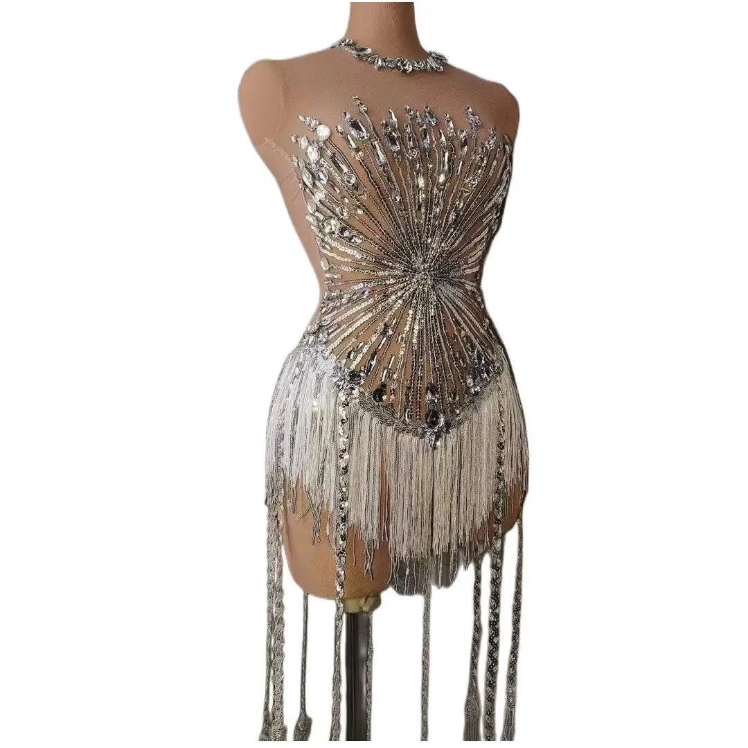 Nowe błyszczące srebrne cyrkonie seksowne cekiny kombinezon strój festiwalowy kobiety wieczór bal cekiny body z frędzlami urodziny świętuj