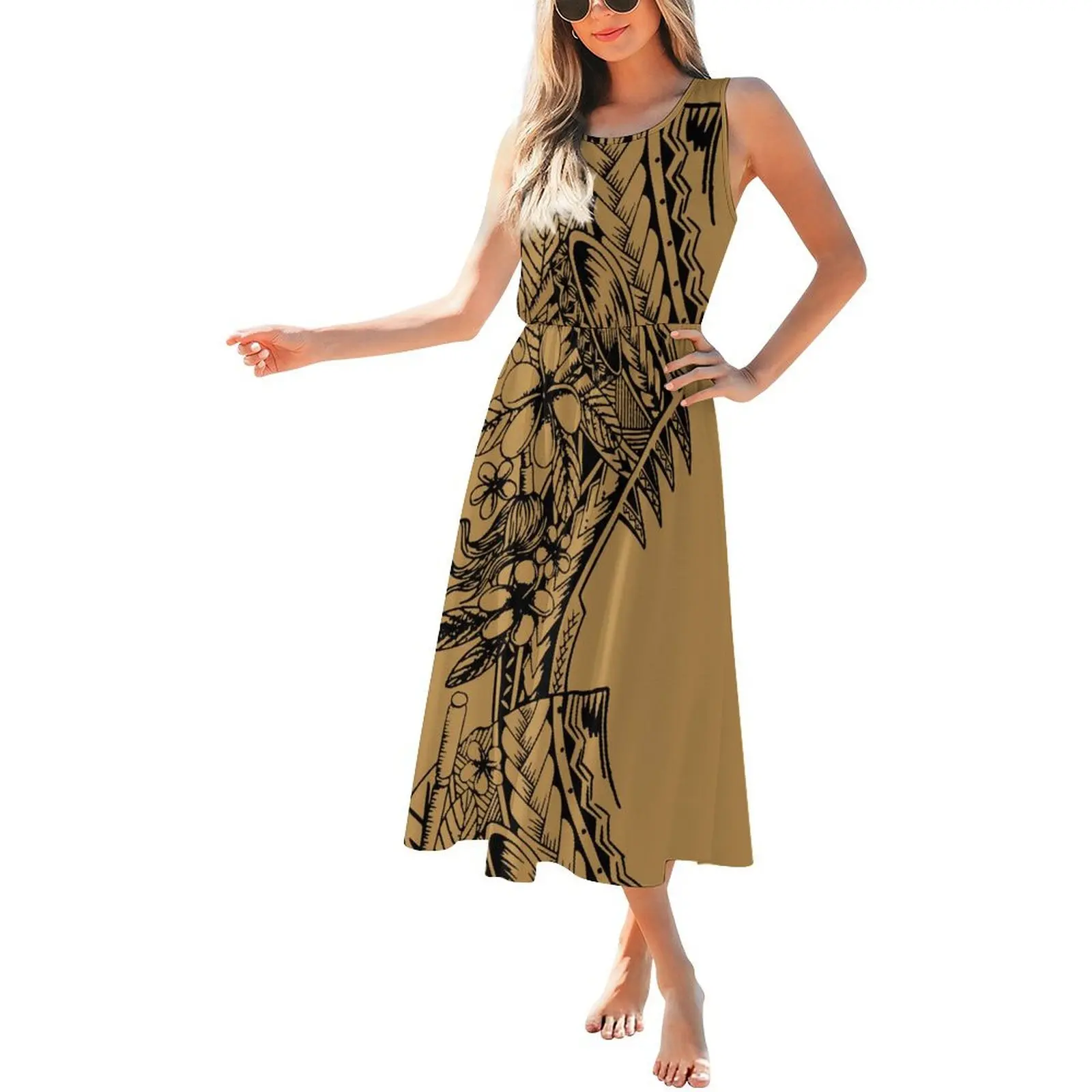 

Design Customized New Arrival Sleeveless Dress Samoan Print Elei Tribal Women Fashion Round Neck Dresses Island Vacation Dress