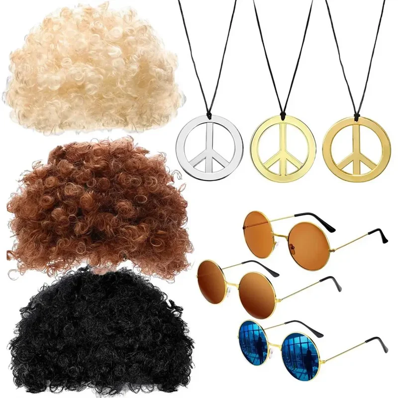 Unisex Halloween Cosplay Synthetic Wig Curly Hair Cap Sunglasses Necklace Set Funny Disco Wigs Party Hip Hop Dance Costume Props