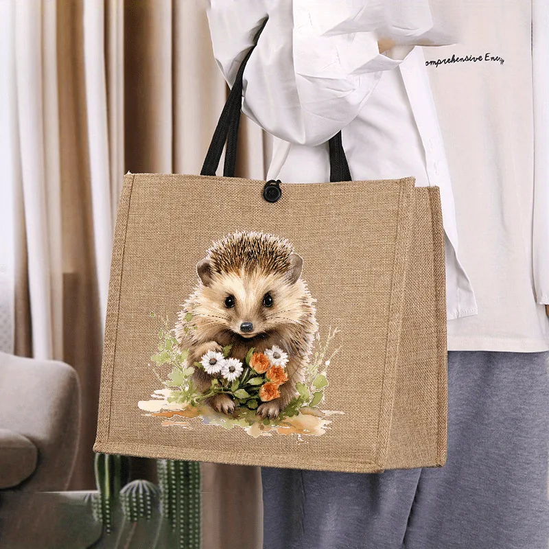 Retro flower and bird printed linen bag female, Mori watercolor rose shoulder tote bag, literary cotton and linen shopping bag