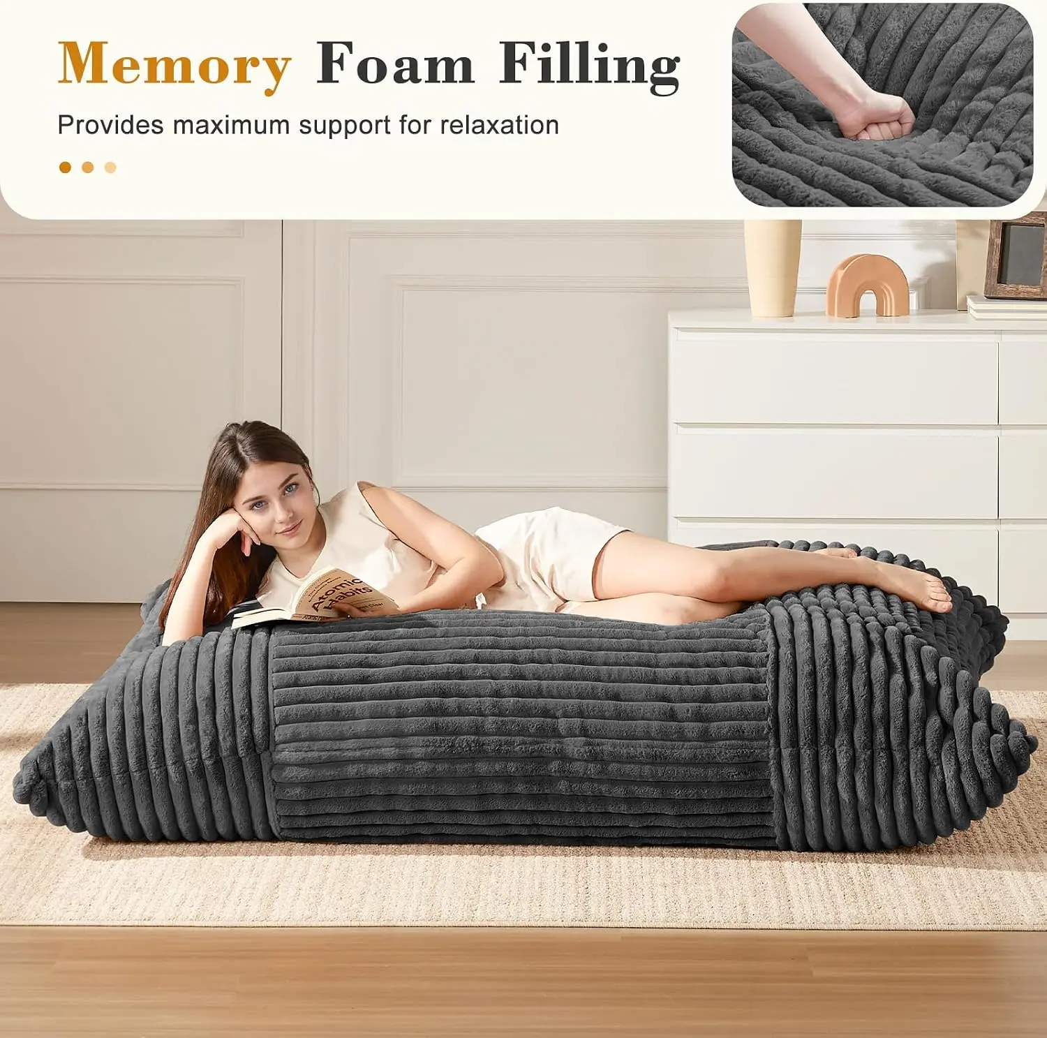 3-in-1 Giant Bean Bag Chair for Adults & Kids, Convertible Floor Sofa to Mattress, Memory Foam Beanbag Chair with Washable Cover