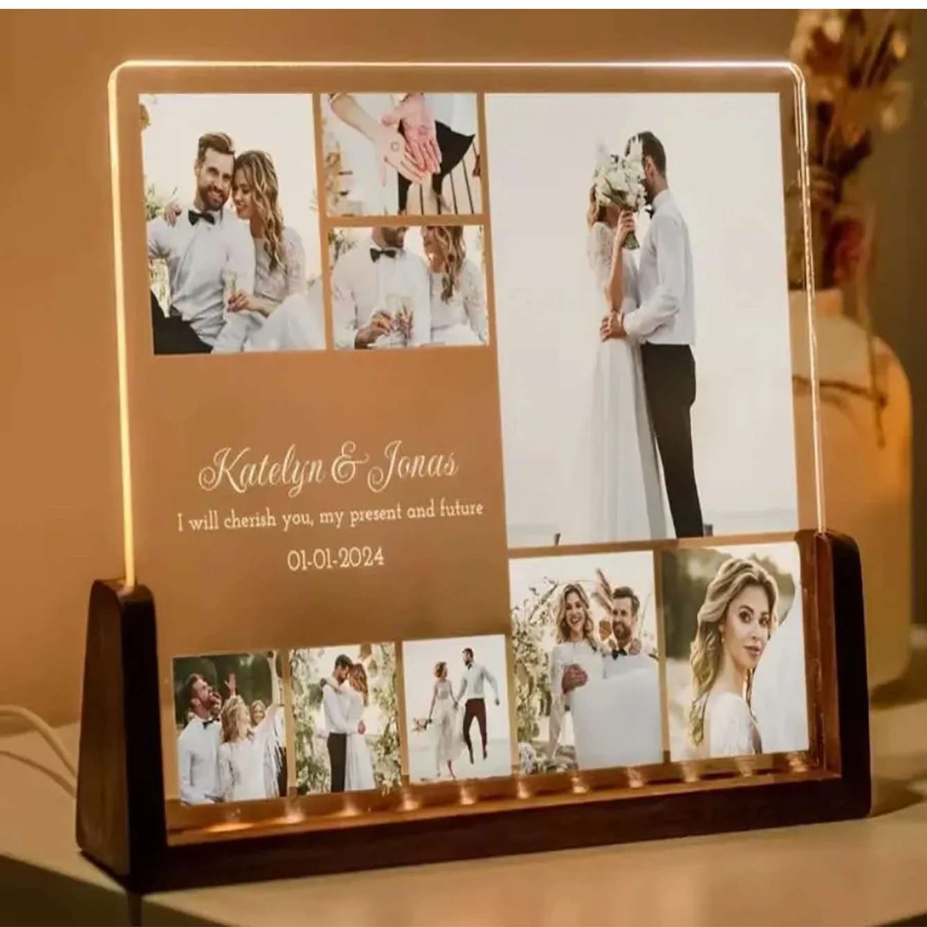 Customized Acrylic Creative LED lights Solid Wooden Photo Frame Innovative Acrylic U Shaped Photo Frame Home Desk Decoration