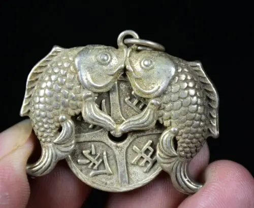 4CM Rare Old China Miao Silver Feng Shui Double Fish Luck Necklace Pendant