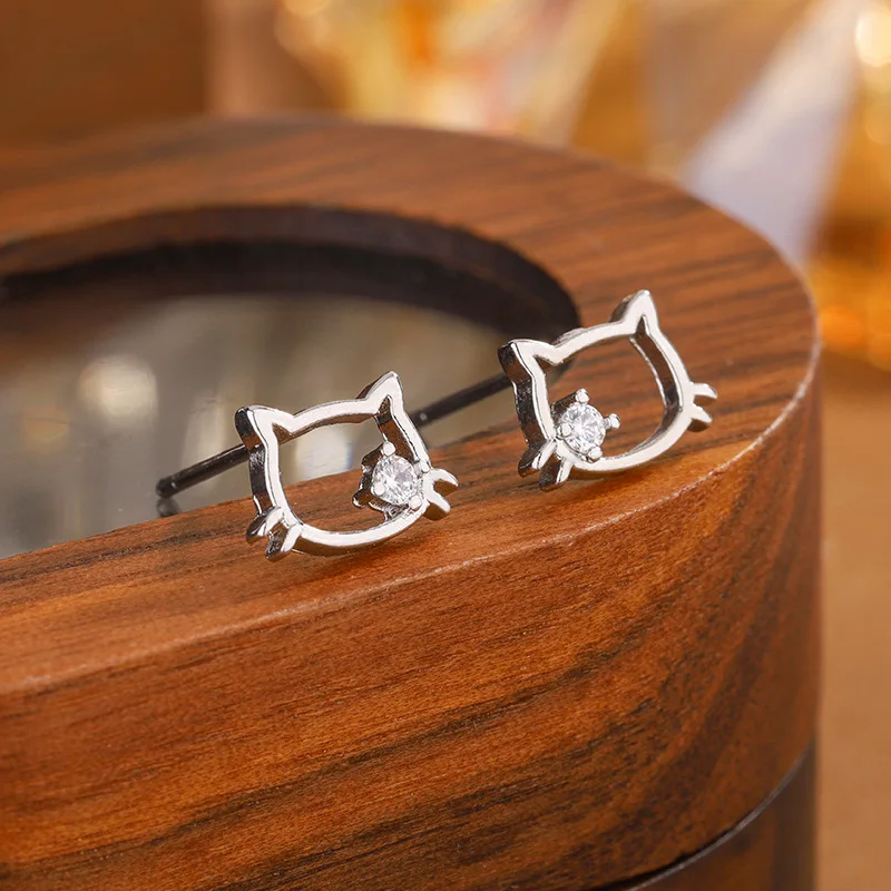 Modische und niedliche Katzen-Ohrringe aus 925er Sterlingsilber mit Zirkonia-Einlage, hohles Tier-Design, E147