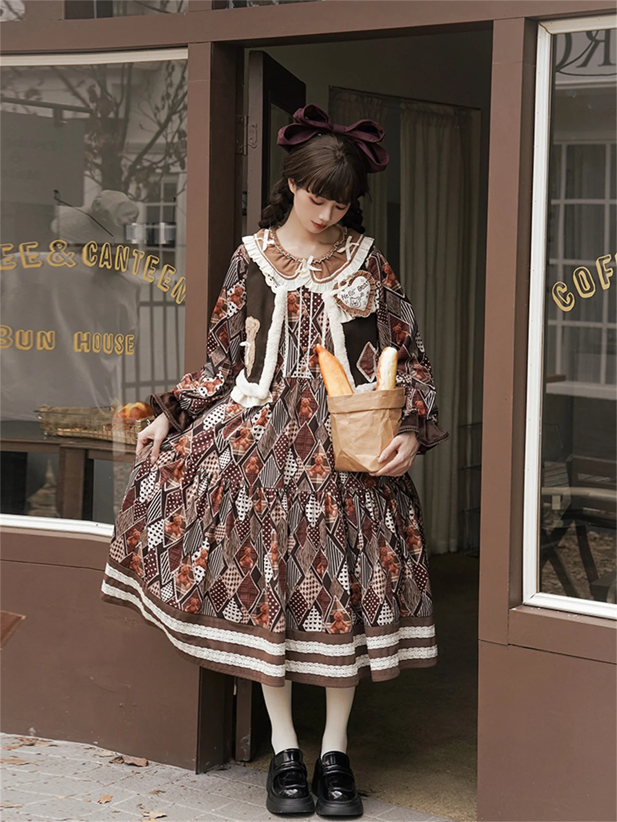 Francese idilliaco Cosplay Lolita Kawaii ragazze Peter Pan collare Op stampa griglia orso nastro Bowknot manica a sbuffo dolce vestito carino