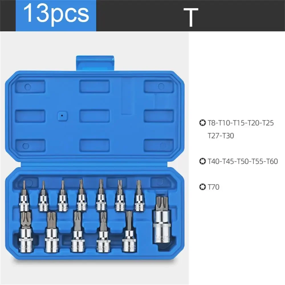 13Pcs Star Torx Hex Bit Socket Set T8-T70 H2-H14,CRV Sockets 1/4inch,3/8inch & 1/2inch Drive For Hand Use Work