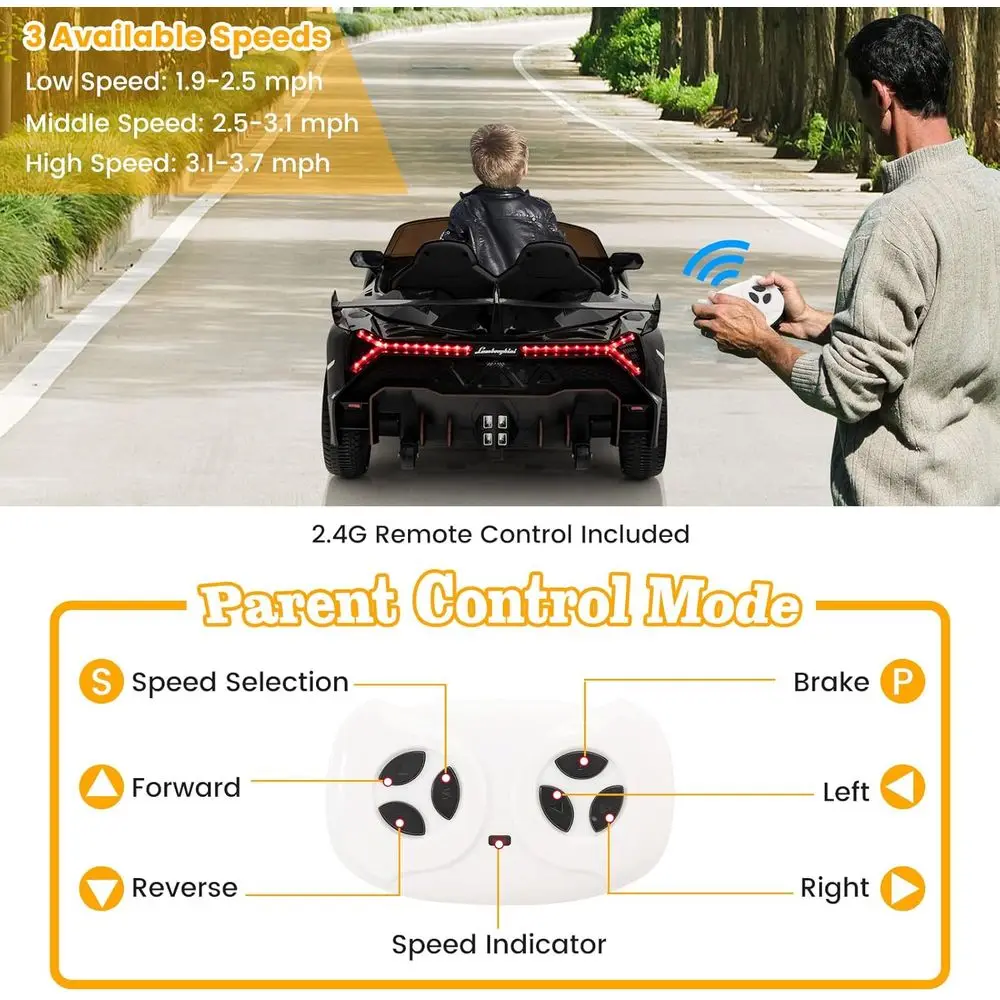 Ride on Car, Lamborghini Licensed 12V Battery Powered 4WD Sports Car with Remote Control, 3 Speeds, Hydraulic Doors,Black