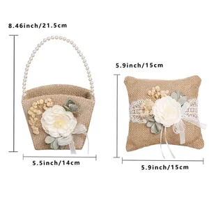 Linho Casamento Flor Menina Cesta Com Anel De Seda, Almofada De Pétala, Cesta De Doces, Ornamentos Rústicos, Decoração De Mesa De Festa 8 principais vendas cesta de petalas de casamento - №7