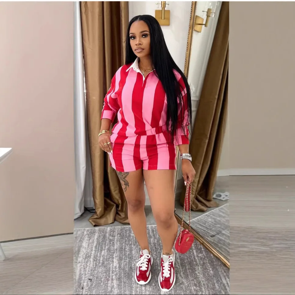 Shorts Pant Set Women Two Piece Sets Short Sleeve Matching Sets Striped Top High Waist Pants Suit Casual Y2k Streetwear Jogger