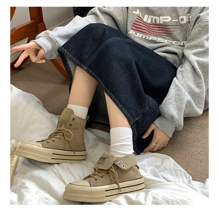 Quality Women Soft Ankle Boots Suede PU Girls Platform Sneaker High Top Students Thick Soled Sport Shoes Lace Up Soft Foot Feel