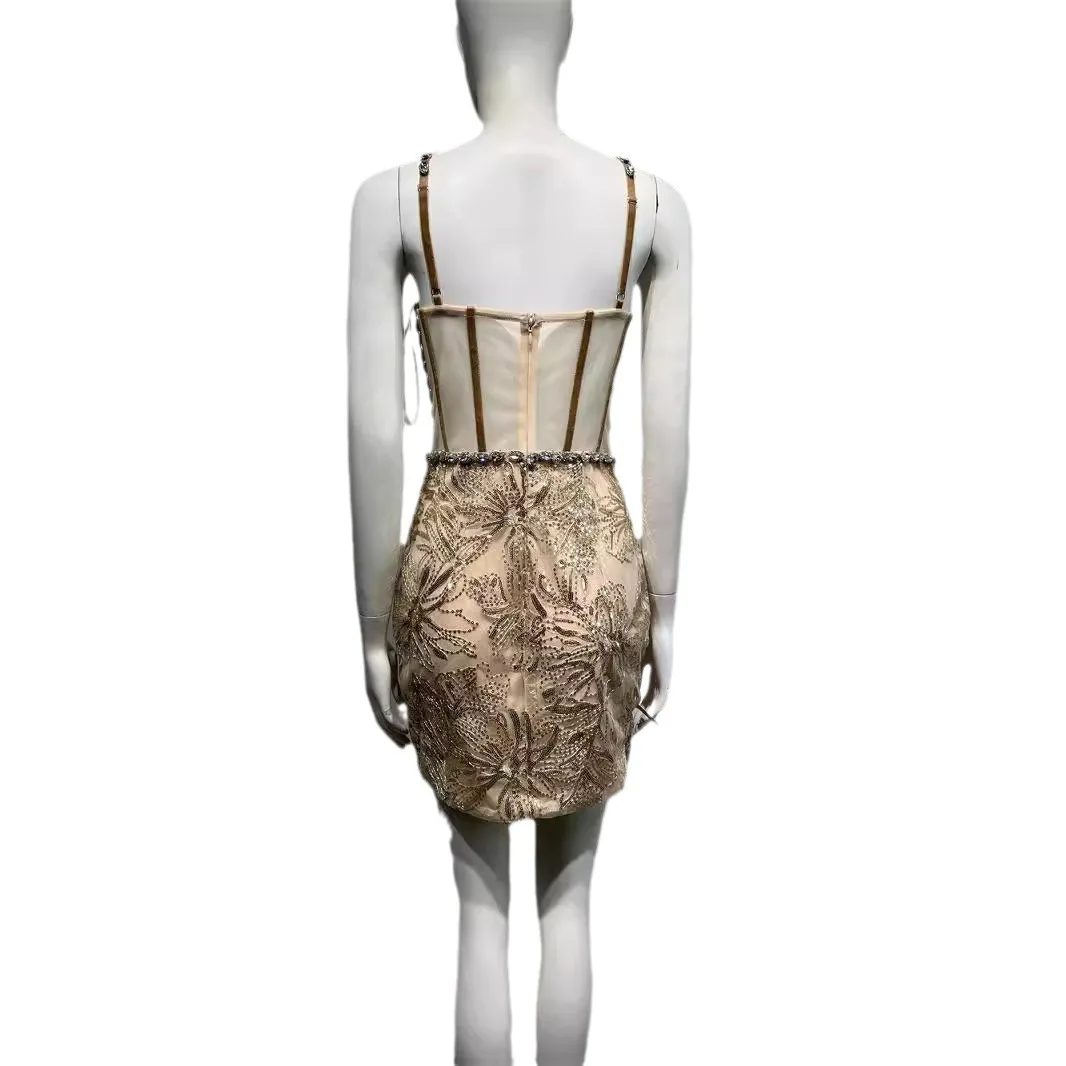 반짝이는 시퀸 자수 시스루 메쉬 드레스 여성 파티 디너 드레스