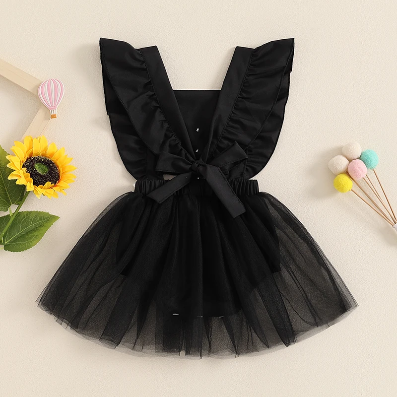 0-24Months Baby Girl Halloween Romper Dress Flutter Sleeves Square Neck Tulle Patchwork Jumpsuit