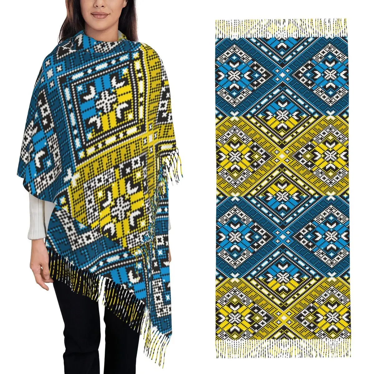 Traditional Romanian Ukraine Boho Bohemian Geometric Scarf Tassel Scarves Women Shawls and Wraps Large Fall Winter Shawl Wrap