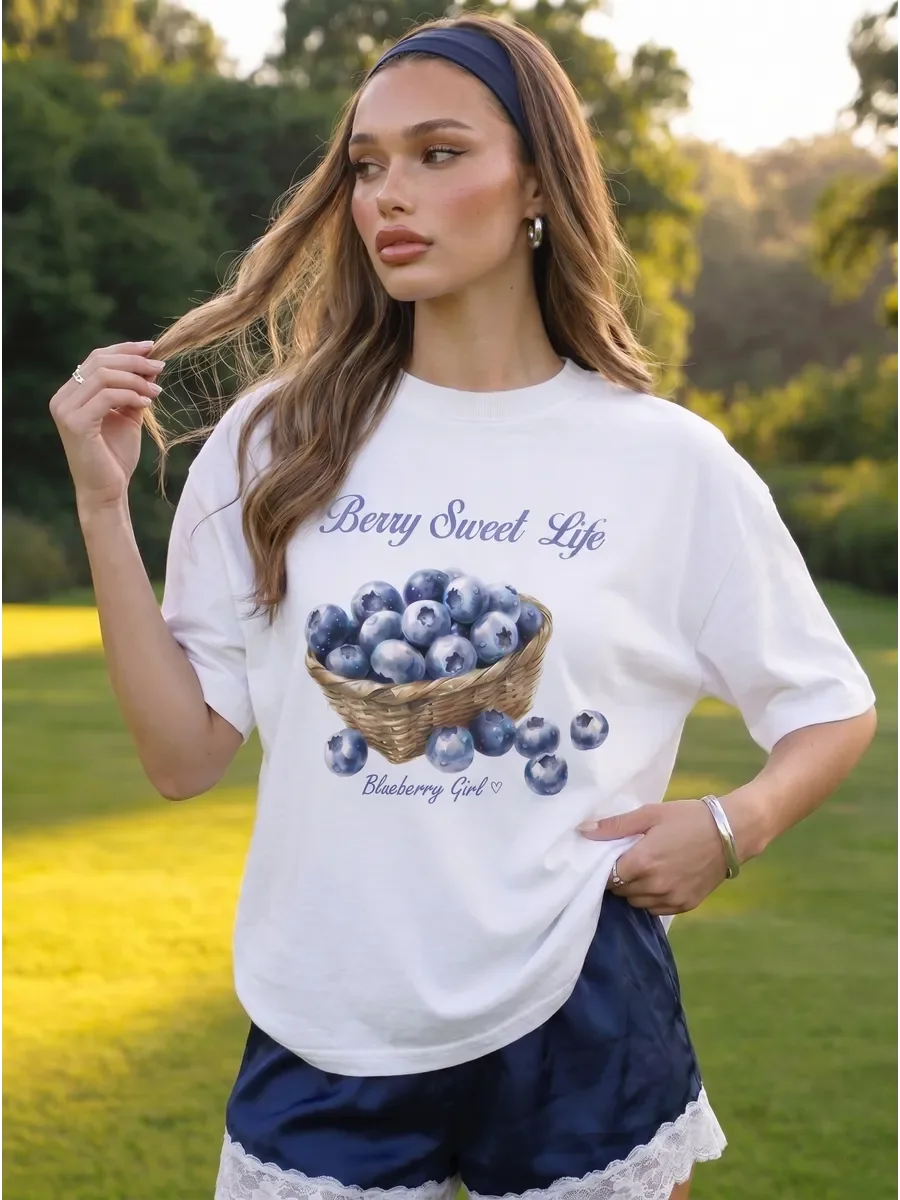 American Ins Fruit Berry Species Pattern T-shirt Women's Fashionable Fruit Lovers Personality Cute Y2K Streetwear Niche Tops