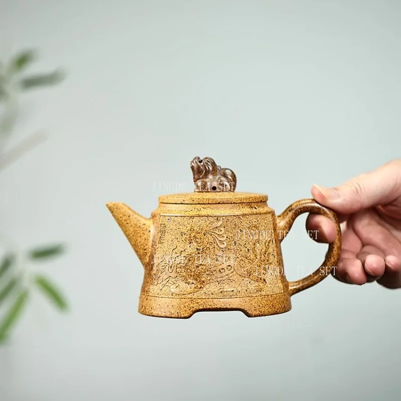 Duan Clay Yixing Teapot Square Shape Embossed Dragon Pattern Pixiu Knob Raw Ore Purple Clay Tea Kettle Chinese Kung Fu Teaset