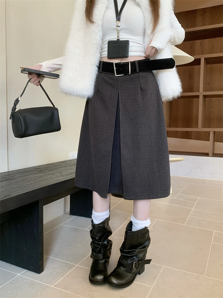 

Winter Women's Midi A-Line Skirt with Belt High Waist Pleated Wool Blend Commute Sle Ciwalk Polyester Fiber Stand Fit