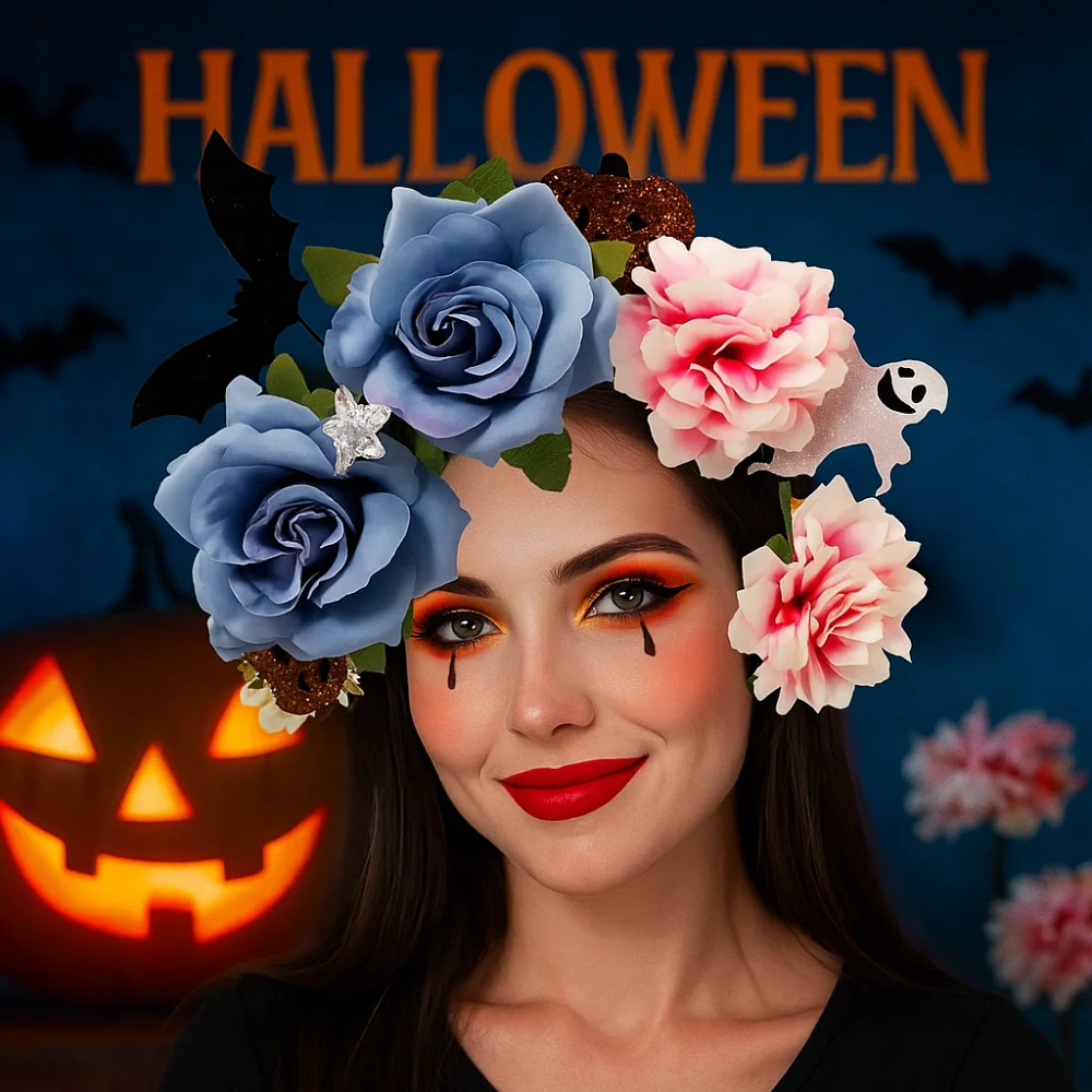

Exaggerated Skull Head Headband Halloween Decor Colorful Halloween Hair Hoop Funny Simulation Bat Gothic Flower Hairband