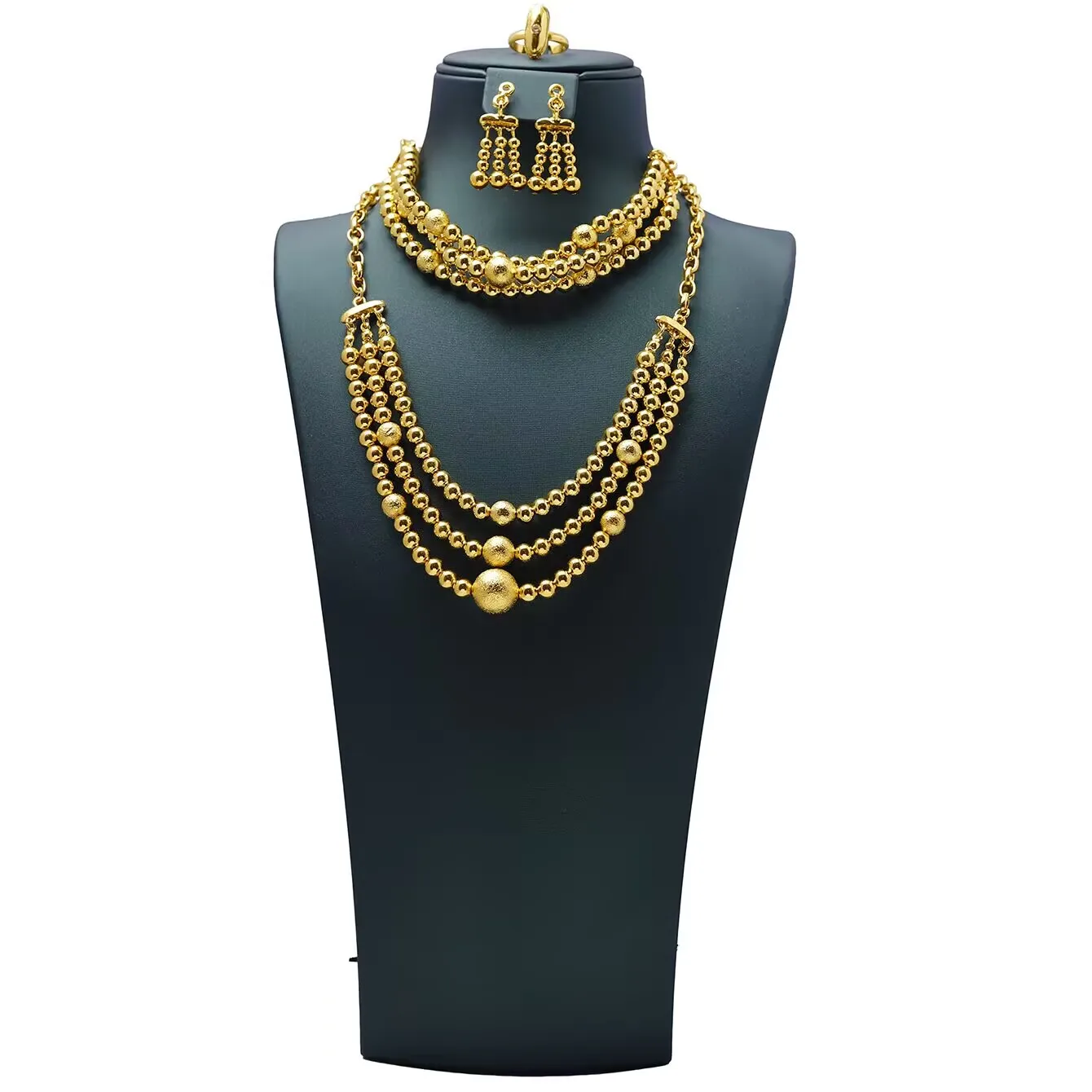 새로운 두바이 이탈리아 영국 24K 골드 도금 목걸이 귀걸이 반지 팔찌 약혼 파티 보석 연인을위한 선물 세트 YY10690