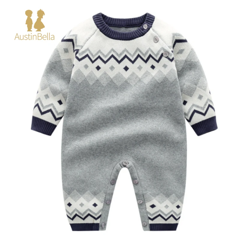 Newborn Infant Baby Clothes Kid Boys Knitted Jumpsuit Warm Cute Long Sleeve Print Sweater Romper Autumn Winter Baby Boy Clothing