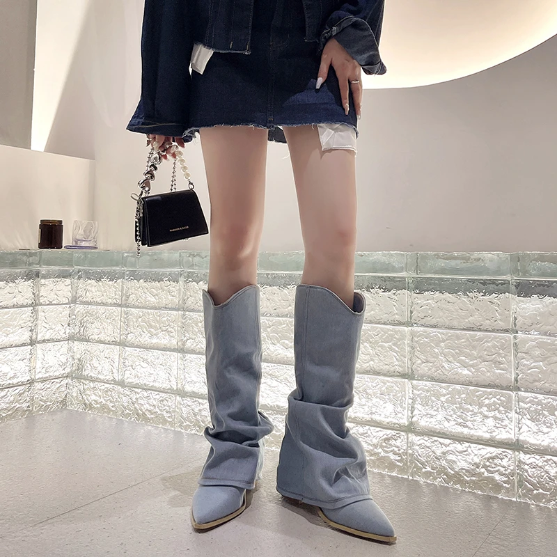 Plisowane niebieskie buty jeansowe modne damskie Chelsea Boots jesień zima na obcasie nowe buty damskie Zapatos Mujer