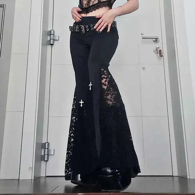 Goth Mall Flare Pants Sexy Black Lace Patchwork High Waist Vintage Harajuku Hippie Punk Grunge Streetwear Y2k Pants