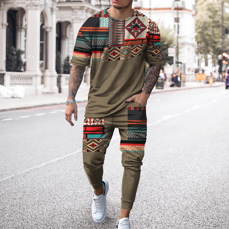 New Summer 2-piece Sports T-shirt Jogger Men Sports Suit Geometric Shape Pattern Printed Short Sleeve T-shirt Trousers Oversized