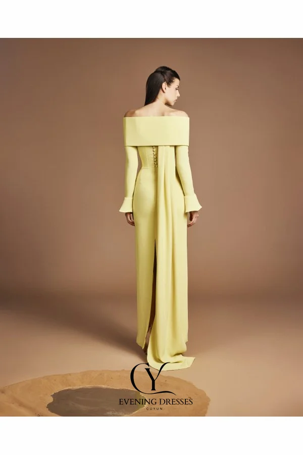 CUYUN カラム オフショルダー ネックライン イブニングドレス フロアレングス 長袖 プロムパーティードレス カスタマイズされたフォーマルイベントドレス