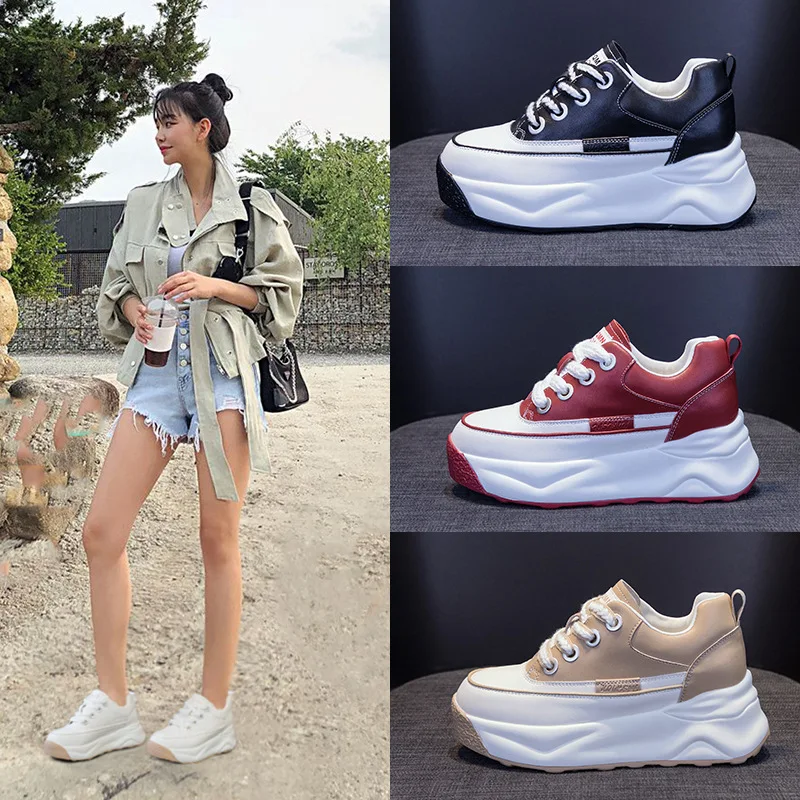 

6.5cm Genuine Leather Platform Wedge Chunky Sneakers Casual Leisure Women Summer Femals Vulcanize Girl Walking Flats Shoes