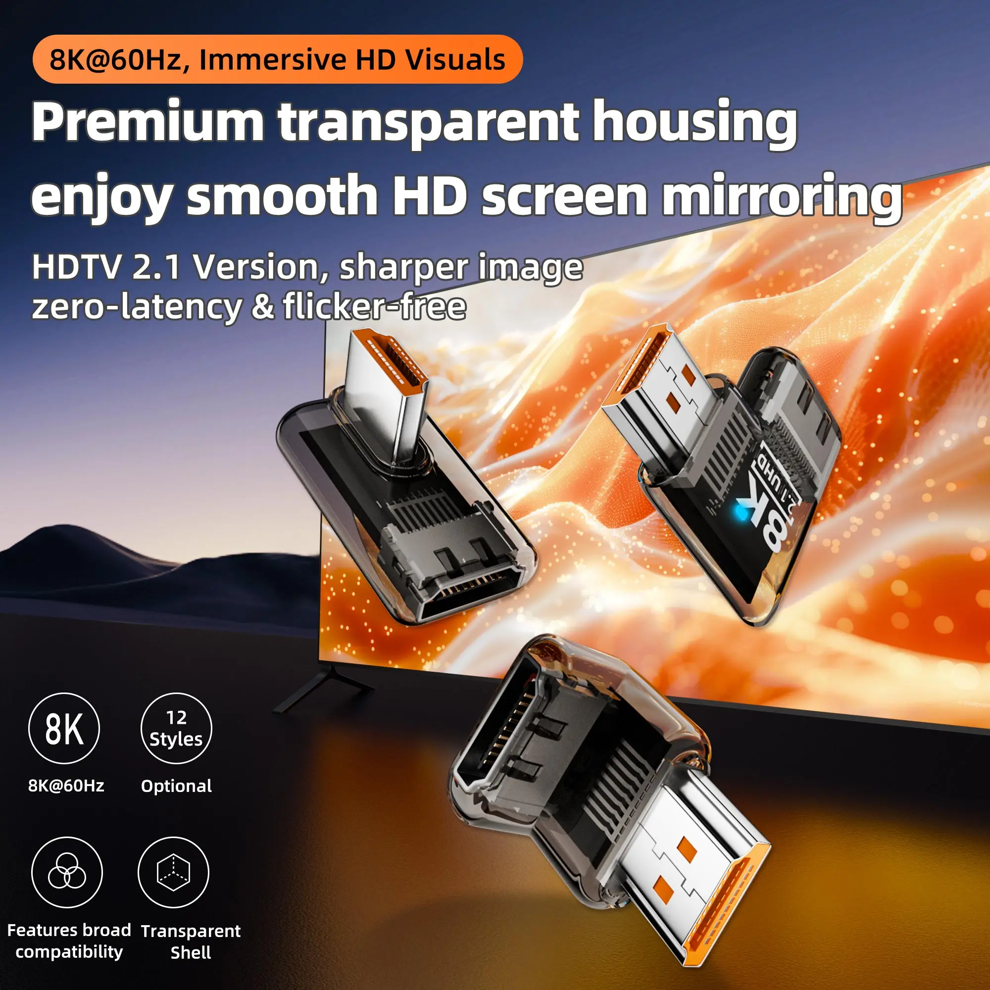 90° 270° 360 Degree HDMI‑Compatible 2.1 Adapter 8K@60Hz Male to Female Right‑Angle Connector Extender for HDTV PS4 PS5 Laptop