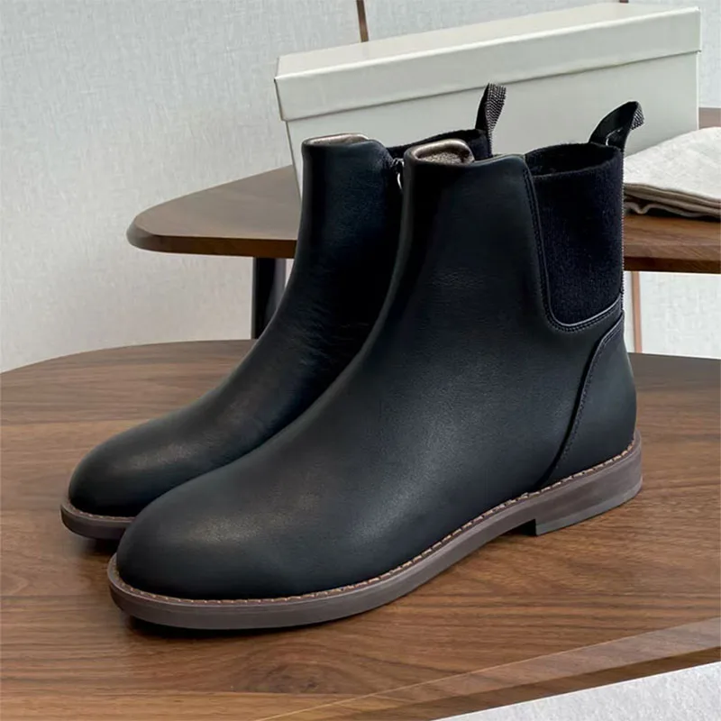 

New Short Boots Woman Round Toe Flat Shoes Women Cow Suede Patchwork Knit Ankle Boots Chain String Bead Black Boots Women