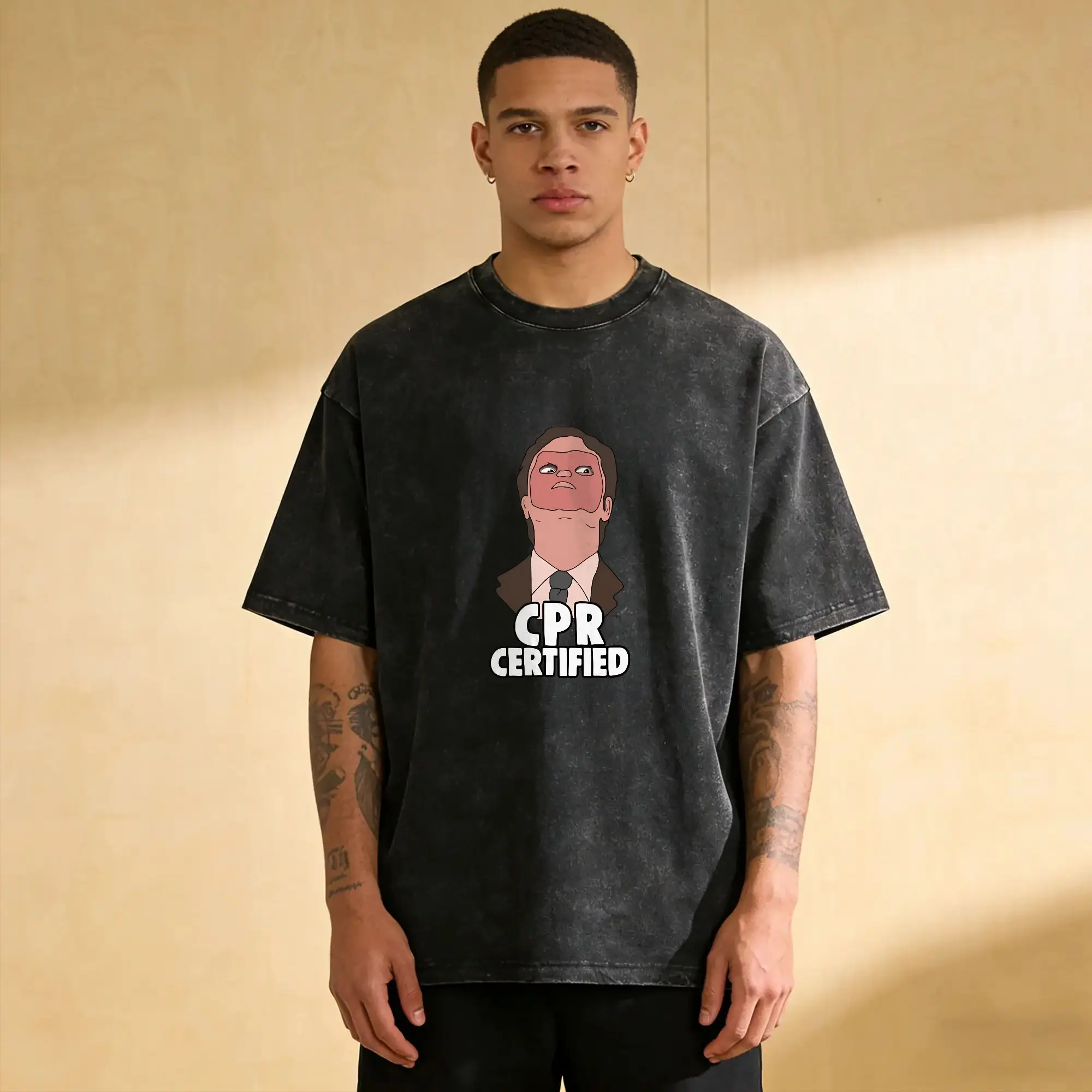 Dwight Schrute First Aid Cpr Certified Washed T-Shirt Couple  Y2K Funny Casual T Shirts Summer Print Oversized Clothing