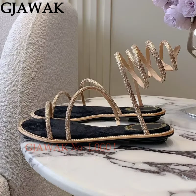 GJAWAK Summer Gladiator Sandals Woman Rhinestone Snake Twine Around Ankle Strap Wedding Party Shoes Women Flat Sandals Women