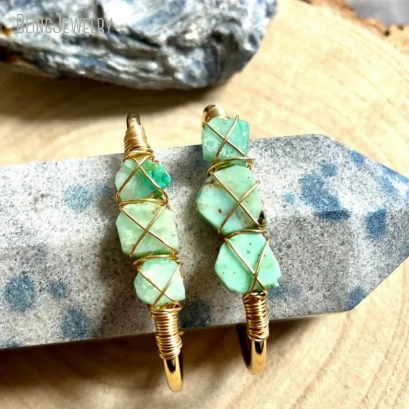 

Green Chrysoprase Healing Crystal Bangle Bracelet Women Natural Stone Bridesmaid Gold Color Cuff Gift Boho Wedding Jewelry