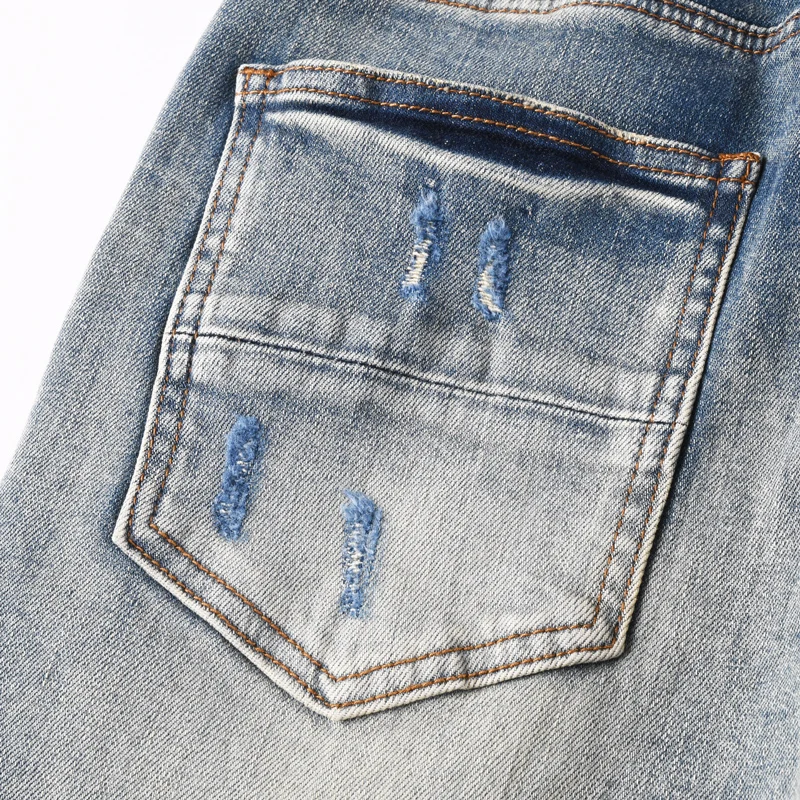 Y2KDesigner High Street Fashion Jeans Stretch Slimming Washed Light Blue Jeans Red Patched Hip Hop Brand Pants Hombre